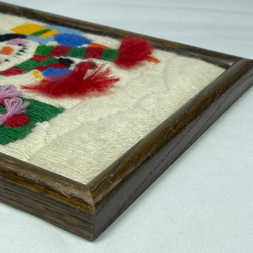 Vintage 1987 Handmade Snowman Crewel Embroidery Framed Christmas Art 8x10